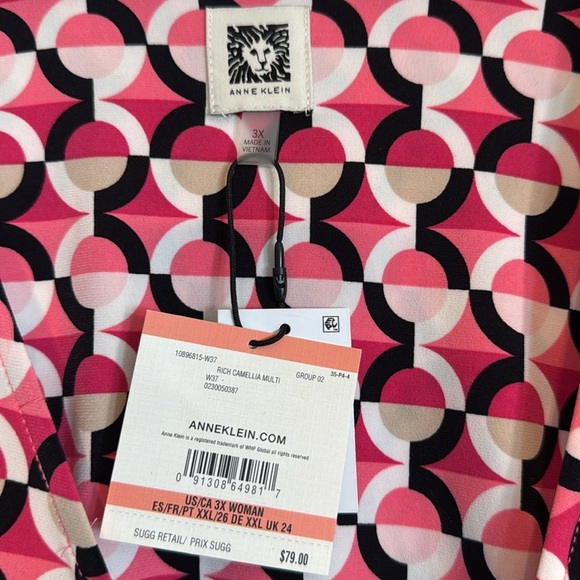 Anne Klein Pink & Black Printed 3/4 Sleeve V-Neck Wrap Top Rich Camellia Multi - Picture 3 of 8